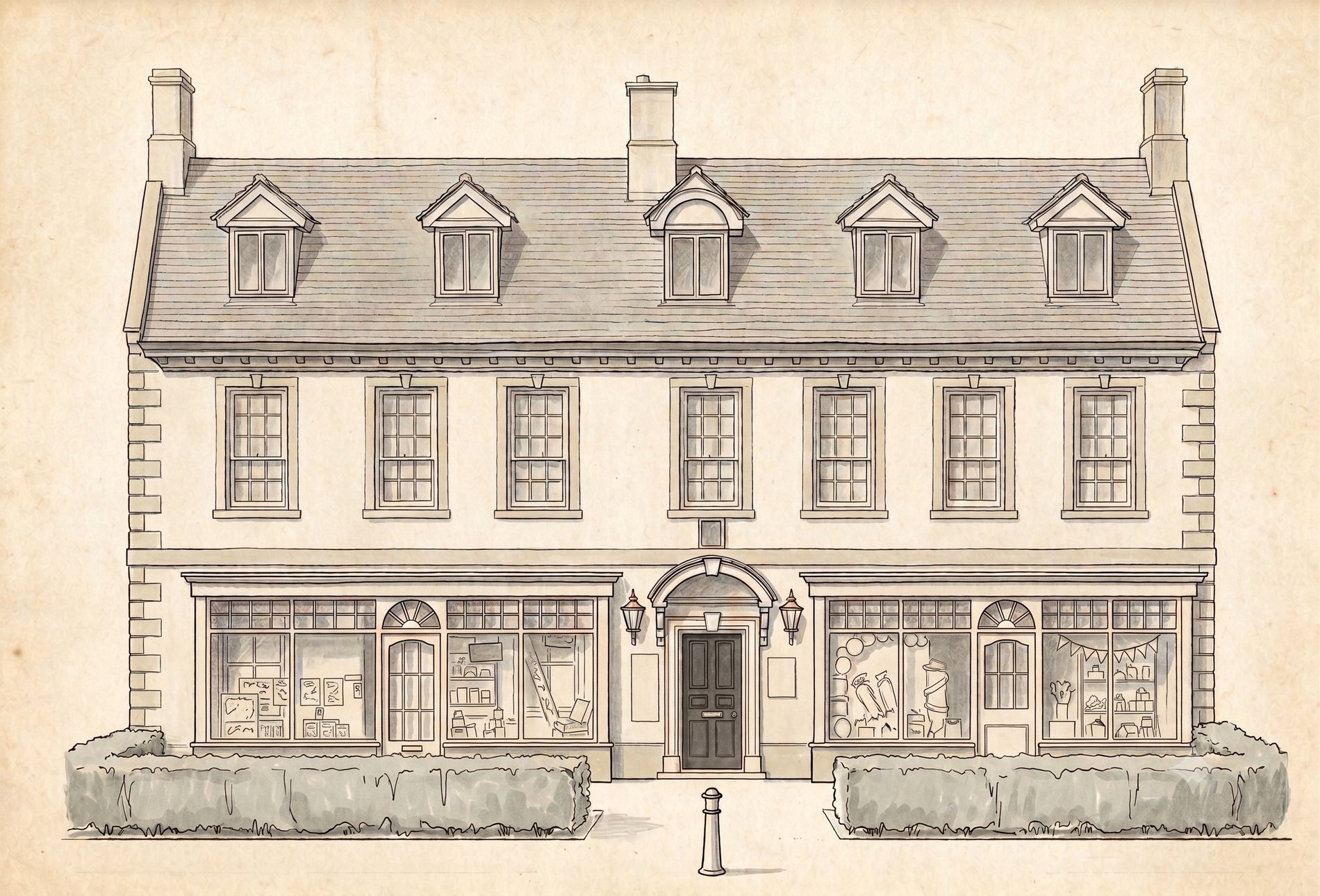 Ink and wash elevation drawing of the building at 40 Melton Road, Oakham, showing the door at the centre of the frontage and the therapy centre on the first floor above.